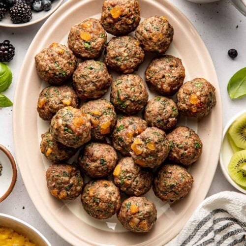 Overhead view of a platter of Apricot Basil Breakfast Meatballs